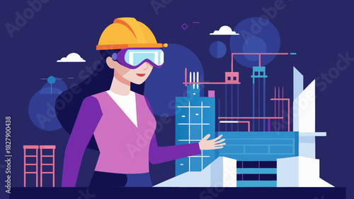 Woman architect wearing VR headset and hard hat visualizing futuristic building construction in augmented reality environment