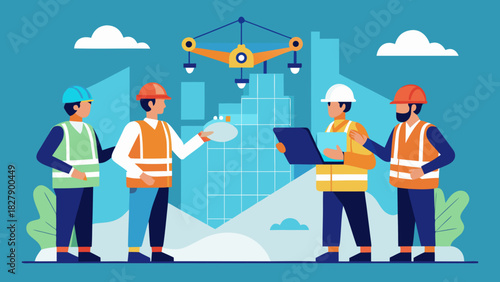 Construction workers and engineers discussing smart building project with drone technology in modern urban environment
