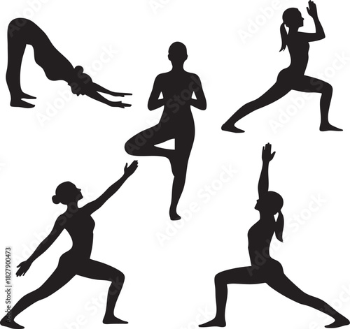Set of female silhouettes practicing various yoga asanas.
