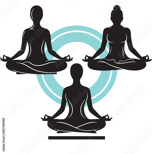 Set of three female silhouettes in a meditative yoga pose.