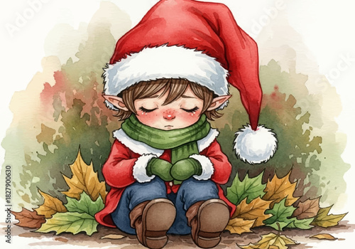 Watercolor illustration Pensive elf child in festive attire, surrounded by autumn leaves, depicting quiet melancholy