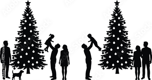 Christmas tree silhouette with families, festive celebration, holiday joy, winter season, family gathering, vector illustration, love