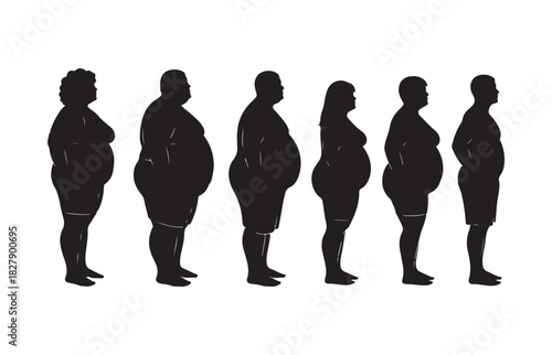 Silhouettes of individuals showcasing a progression of weight loss from heavier to leaner body types