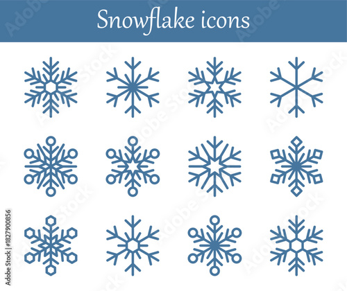 A set of 12 delicate blue snowflakes, ideal for Christmas and New Year cards, winter prints, festive invitations, seasonal decor and design projects. Collection of snowflake winter decoration.