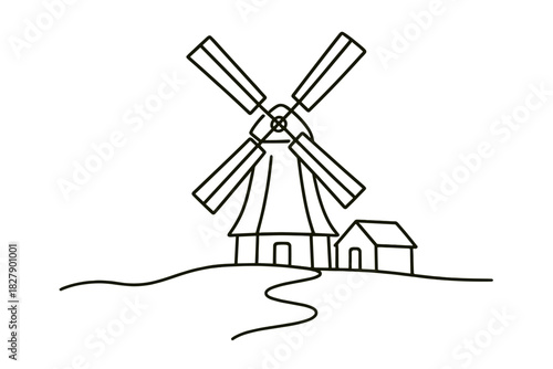 Outline illustration of windmill and cottage on hilltop