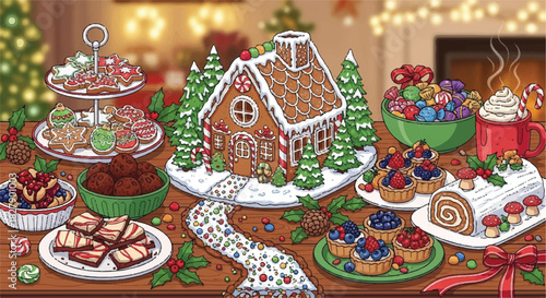 Gingerbread house surrounded by festive treats and decorations for Christmas.