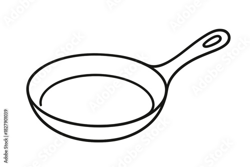 Minimalistic black and white line drawing of a frying pan on white background
