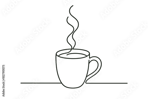Minimalist line art of steaming coffee cup on simple background