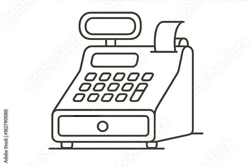 Line drawing of a classic cash register with receipt roll