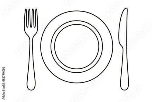 Simple outline of plate with fork and knife for dining concept