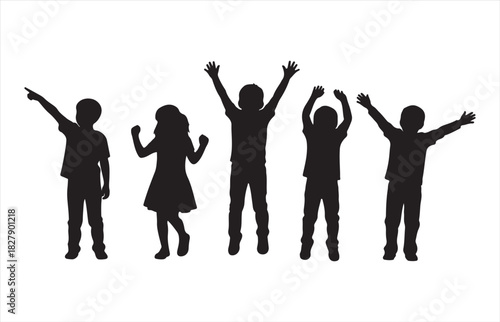 Joyful silhouettes of diverse children celebrating together with arms raised in exuberant delight