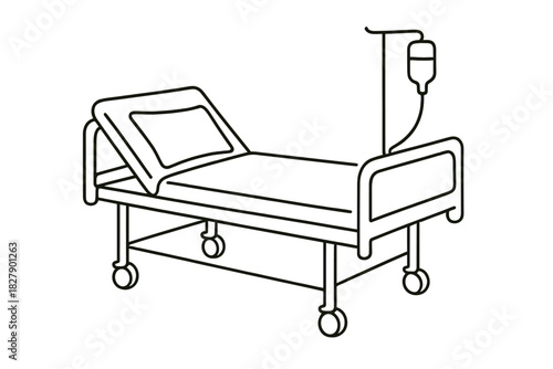 Minimalist hospital bed line art with iv drip on wheels