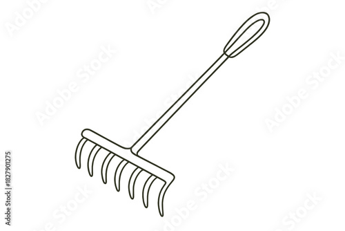 Outline drawing of a garden rake with six tines and curved handle