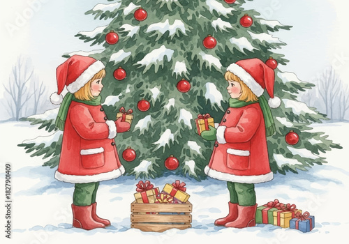 Charming watercolor illustration of two children exchanging festive gifts by a snowy Christmas tree, capturing winter holiday joy