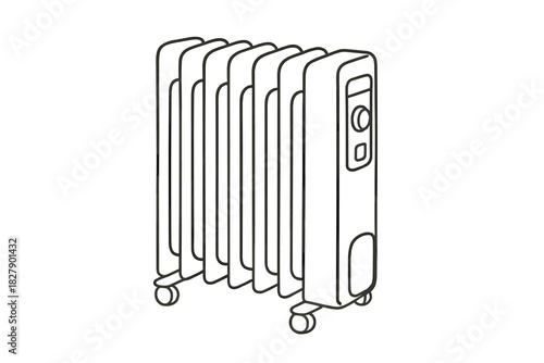 Line art electric radiator heater with wheels on white background
