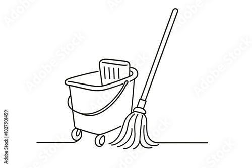 Outline drawing of mop and bucket for cleaning equipment illustration
