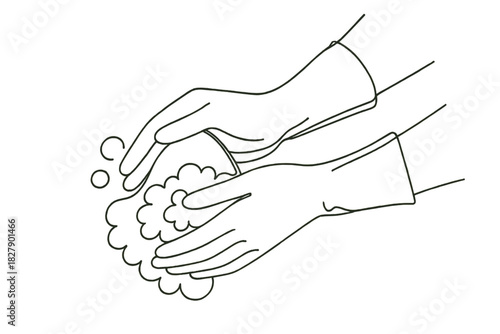 Line art drawing of hands wearing gloves washing with soap bubbles