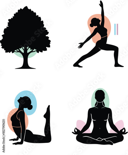Set of black silhouettes showing yoga poses and a tree icon.