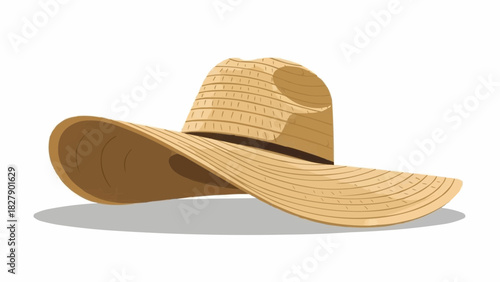Illustration of a straw sun hat with a dark brown band and a wide brim on a white background design