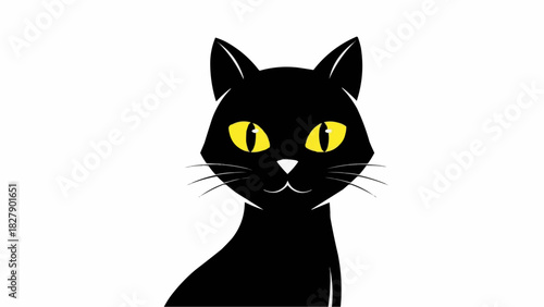Illustration of a black cat with yellow eyes and whiskers on a white background design image art