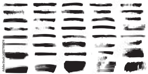 Collection of Black Brush Strokes with Various Textures and Widths.
