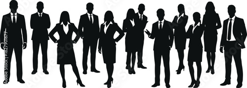 Business silhouettes of professionals in formal attire, corporate team, leadership, diversity, office staff, vector illustration