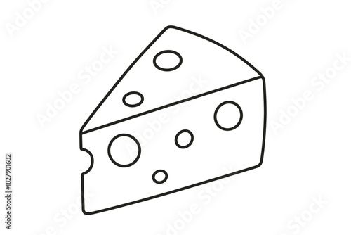 Simple black line drawing of swiss cheese slice with holes on white background