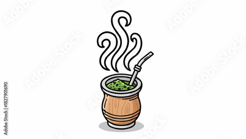 Illustration of a yerba mate drink in a wooden cup with a metal straw and rising steam swirls