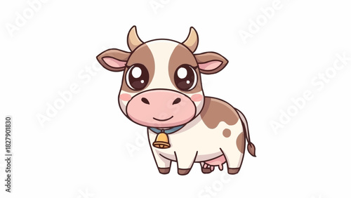 Illustration of a cartoon cow with big eyes and a bell collar standing on a white background