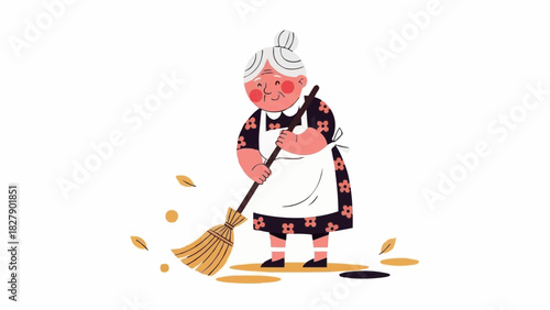 Illustration of an elderly woman sweeping with a broom wearing an apron and floral dress on a white background