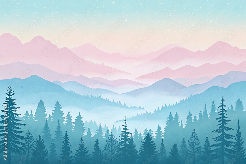 Obraz premium Misty mountain range with evergreen forest at sunrise
