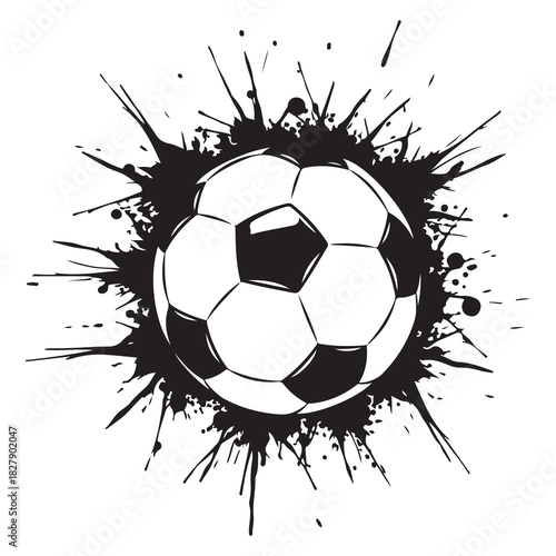 Dynamic soccer ball exploding with black ink splatter artistic design