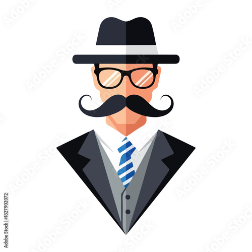 Stylized portrait of a gentleman wearing a hat glasses and a prominent moustache