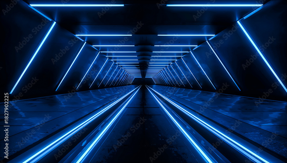 Obraz premium Futuristic tunnel with neon blue lights creating a sense of depth and perspective