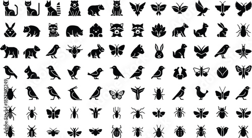 Animal silhouettes, insect icons, black style, cat, bear, rabbit, bird, butterfly, spider, beetle, bee, nature, wildlife, grid, collection, graphic, design, identification, reference, 