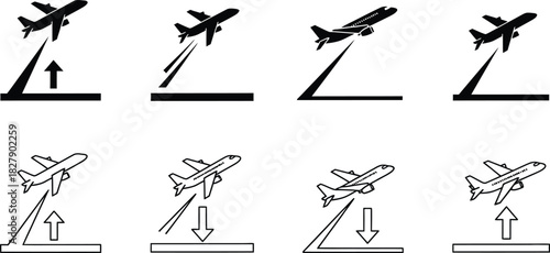 Airplane ascent and descent icon set black and white
