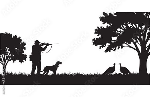 Silhouette of a hunter and dog aiming at turkeys in a grassy field with trees
