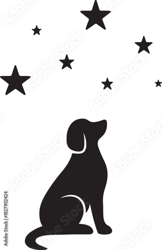 A black silhouette of a dog gazing up at twinkling stars