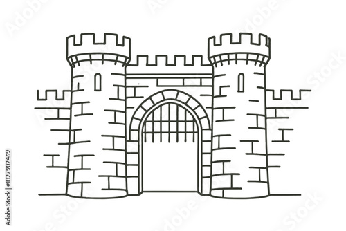 Medieval castle drawing with stone towers and gate
