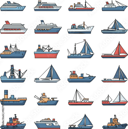 Boat illustrations, ship icons, colorful style, cruise, cargo, fishing, sailboat, tugboat, yacht, marine, nautical, transport, watercraft, cartoon, graphic, vessel types, maritime,
