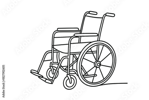 Black and white outline of an empty wheelchair on white background