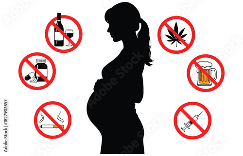 Pregnant woman silhouette surrounded by no symbol signs warning against harmful substances