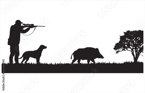 Silhouette of a hunter aiming a rifle with a dog and wild boar in a grassy field with a tree
