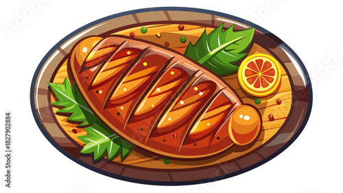 Very beautiful semi-realistic vector illustration of a grilled sausage shown from a top-view flat lay, featuring golden-brown grill marks, rich texture, and clean isolated presentation on a white bac