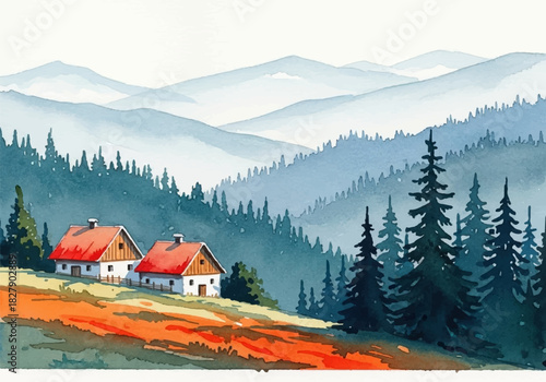 Serene watercolor painting depicting charming mountain houses nestled in a vibrant pine forest valley with misty peaks