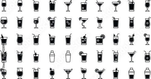 Cocktail icons, beverage silhouettes, drink glass symbols, bar menu graphics, alcohol illustrations, mixology visuals, black and white drink set