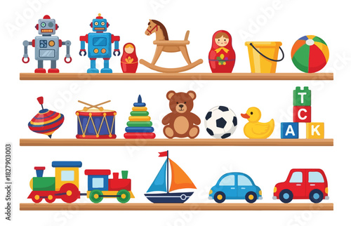 A colorful assortment of classic children s toys displayed on three wooden shelves