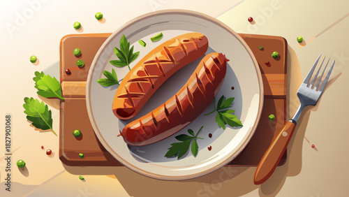 Very beautiful semi-realistic vector illustration of a grilled sausage shown from a top-view flat lay, featuring golden-brown grill marks, rich texture, and clean isolated presentation on a white back