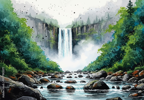 A breathtaking watercolor painting of a majestic waterfall cascading through a vibrant forest landscape