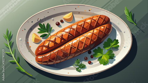 Very beautiful semi-realistic vector illustration of a grilled sausage shown from a top-view flat lay, featuring golden-brown grill marks, rich texture, and clean isolated presentation on a white back